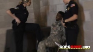 Perverted Officers With Big Boobs Arrest This Young Black Soldier To Get Slammed On Their Pussy.