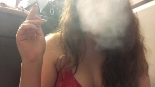 Sexy Pale Brunette Teen Smoking in Red Lace Lingerie and Red Lipstick