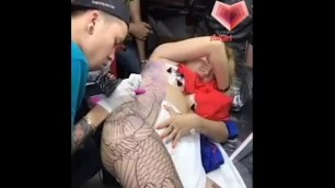 Tattoo Artist try not to Cum - getting Tattoo for half Naked Beautiful Girl
