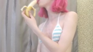 Pretty Pink Haired Tgirl Training her Sweet Mouth with a Banana